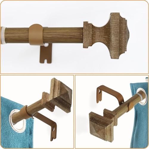 Wood Curtain Rods for Windows 32 to 88 Inch, 1 Inch Diameter Wood Decorative Treatment Single Window Curtain Rods - Square Imitation Wood Grain Finial 1 Pack