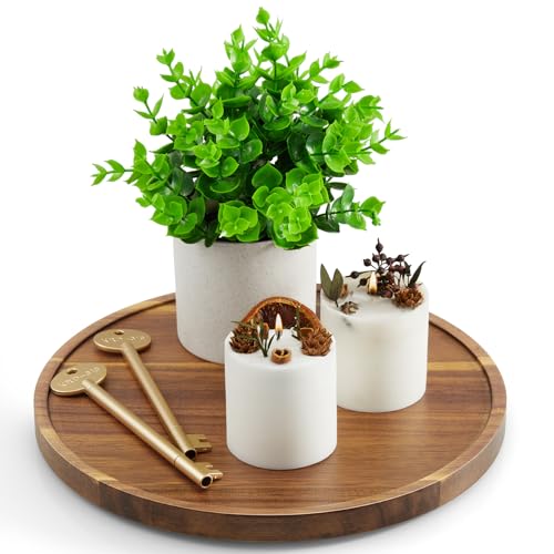 10 Inch Acacia Wood Round Tray, Wooden Decorative Coffee Table Tray Centerpiece Candle Holder for Farmhouse Kitchen Dining Room Home Bathroom Decor Coffee Table Decor and Accessories