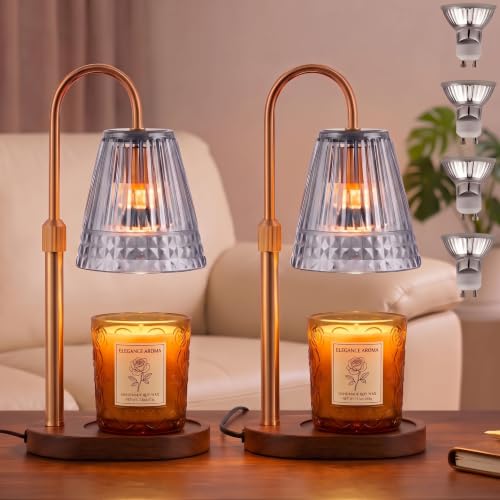 Candle Warmer Lamp with Timer & Dimmer, Adjustable Light Smoky Grey Glass Candle Warmer for Jar Candles, Home Gifts, Brass Electric Wax Melt Warmer with 4 Bulbs (2 Pack)