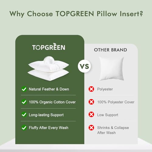 TOPGREEN Feathers Down Throw Pillow Inserts 12x20, Set of 2, 100% Organic Cotton Shell, Soft Decorative Lumbar Pillow Insert for Living Room Sofa, Couch, or Bed (White)