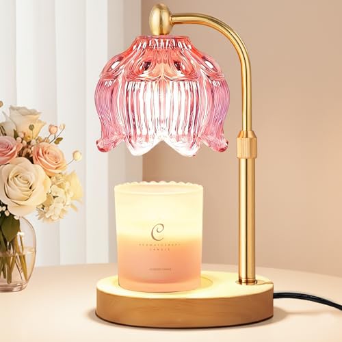 Adjustable Flower Candle Warmer Lamp with Timer, Mothers Day Gifts for Women Mom, Lotus Tulip Glass Warmer Light for Jar Candles, Electric Wax Warming Melter, Vintage Bedroom Decor (Pink)