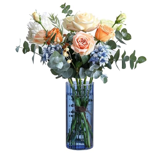 ComSaf Glass Cylinder Vases, Bud Vase for Centerpieces, 8 Inch Tall Ribbed Vase Hurricane Floating Candle Holder, Decorative Flower Vases for Wedding Reception, Home Decor, Housewarming Gift (Blue)