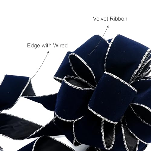 Altier 11" Wide Velvet Navy Christmas Tree Topper Bow 4 Tails Streamers with 3 Yards Long Each for Home Decoration Treetop Handmade Bow Ornament Holiday Party