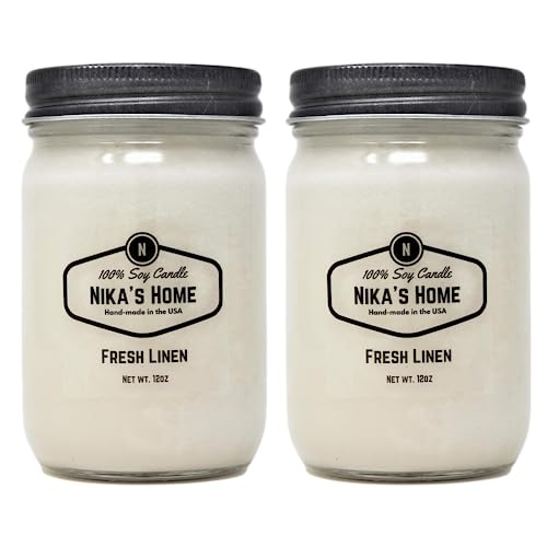 Nika's Home Fresh Linen 12oz Mason Jar Soy Candles - 2 Pack - Hand Poured Handmade, Long Burning 50-60 Hours Highly Scented All Natural, Clean Burning Large Candle Gift Home Décor