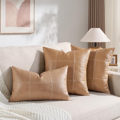 Fancy Homi 2 Packs Waterproof Faux Leather Tan Decorative Throw Pillow Covers 18x18 Inch for Outdoor Couch Bed, Taupe Modern Farmhouse Boho Home Decor, Plaid Hand Stitched Beige Cushion Case 45x45 cm