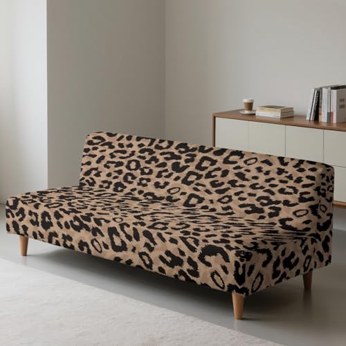 Leopard Print Couch Cover Stretch Futon Slipcover Foldable Armless Sofa Cover with Elastic Bottom Aesthetic Furniture Protector Foldable Couch Pet Covers for Sofa