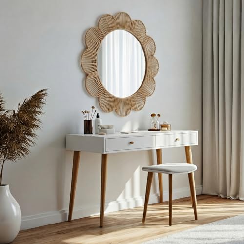 Sintuff Boho Scalloped Wall Mirror Decorative Flower Round Wavy Mirror with Frame Rustic Farmhouse Rattan Wicker Natural Wall Decor for Bathroom Bedroom Office (Jute,24 Inch,Scalloped)