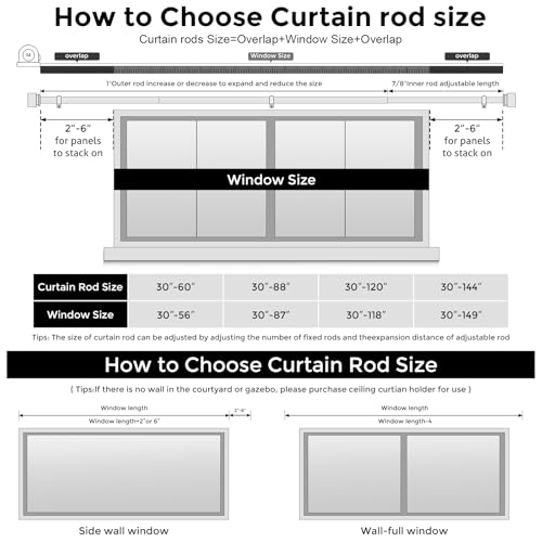 Curtain Rods 36-144 Inch, Extra Long Heavy Duty 1 Inch Curtain Rods for Windows, Black Adjustable Window Treatment Rod, Single Side Telescopic Splicing Drapery Rods Modern Design, Easy Installation