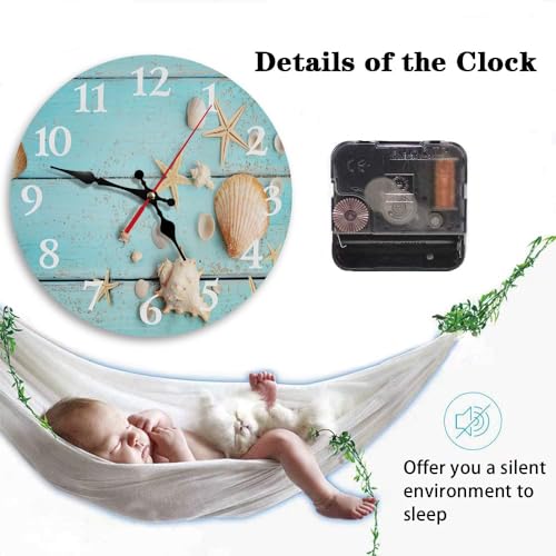 Britimes Round Wall Clock, Silent Non-Ticking Battery Operated Clock 10 Inch, Decor for Bathroom, Bedroom, Kitchen, Office or School Summer Beach Seashell