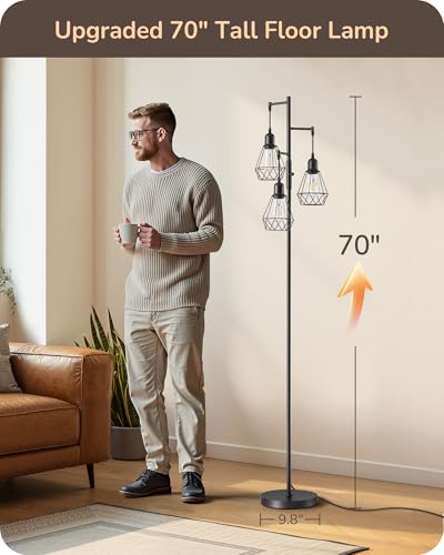 EDISHINE 70IN Farmhouse Floor Lamps for Living Room, Dimmable Industrial Tall Standing Lamps 3 LED Edison Bulbs Included, Diamond-Shaped Cage, Rustic Tree Corner Light for Bedroom, Office, Black