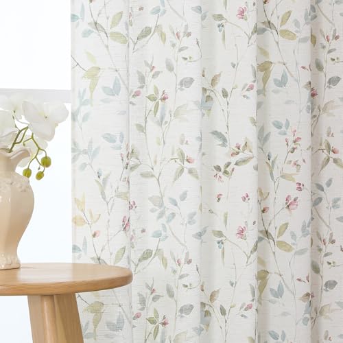 Chyhomenyc Roman Linen Blend Curtains 45 Inch Length 2 Panels, Light Filtering Soft Airy Leaf Floral Printed Rod Pocket Textured Window Treatment Drapes for Living Room Bedroom, 38Wx45L Inch, 2 PCS