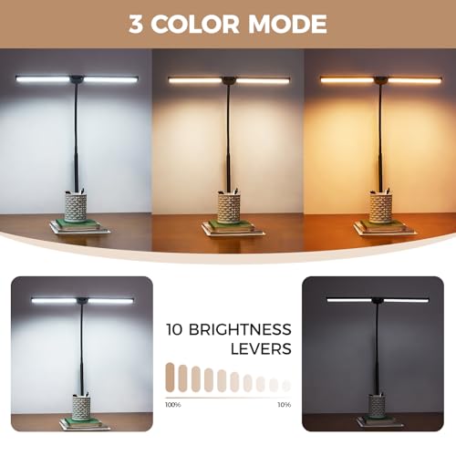 LED Desk Lamp for Home Office, Double Head Architect Light with Clamp, Computer Monitor Clip on Light, 3 Modes and 10 Brightness, Adjustable Flexible Goose-Neck, Table Task Lamp, Black