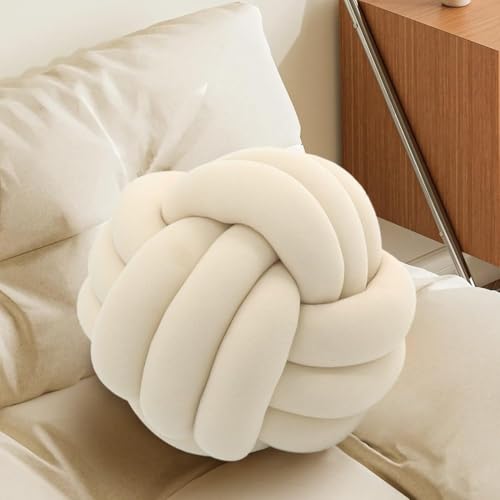 Knot Pillow Ball, Soft Plush Decorative Throw Pillow, Handmade Round Knotted Cushion for Sofa, Couch & Bedroom, Cute Home Decor Pillow (7.87 Inches, Ivory)