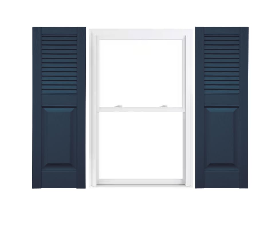 Vinyl Exterior Shutters | One Pair | Louver Over Raised Panel 50/50 Split Straight Top Window Shutters | 16.5" x 48" | Classic Blue | Simple Installation + Hardware Included | Made in The US