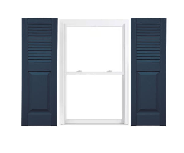 Vinyl Exterior Shutters | One Pair | Louver Over Raised Panel 50/50 Split Straight Top Window Shutters | 16.5" x 48" | Classic Blue | Simple Installation + Hardware Included | Made in The US