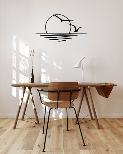 Benziso Sun Metal Wall Art Abstract Sunset with Seagulls Metal Wall Decor Minimalist Sunrise Line Art for Living Room Kitchen Bathroom Indoor Outdoor