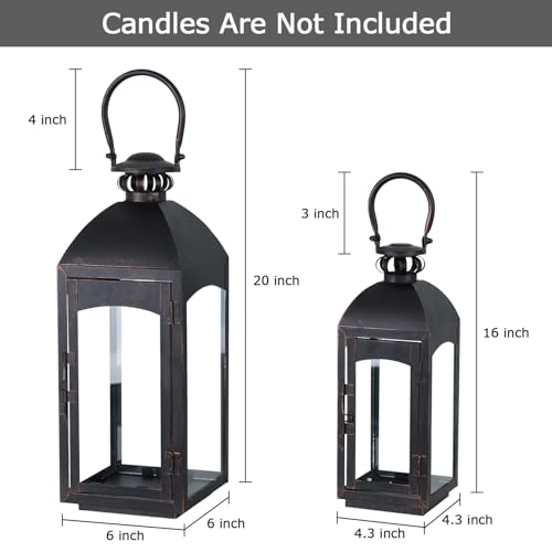 NEEDOMO Lanterns Decorative Indoor&Outdoor, 20''/16''H Set of 2 Outdoor Lanterns for Porch,Metal Frame Candle Holders Hanging Lights with Glass, Spring, Fall, Christmas