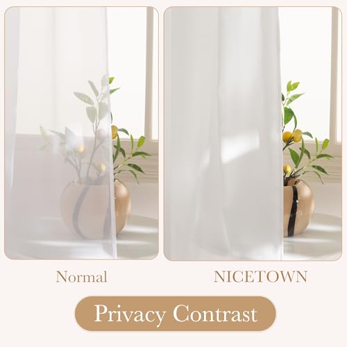 NICETOWN Non See Through White Privacy Sheer Curtains 84 inches Long 2 Panels Set, Fish Bone Pattern Farmhouse Semi Light Filtering Window Drapes for Bedroom, Living Room, 52 inches Wide