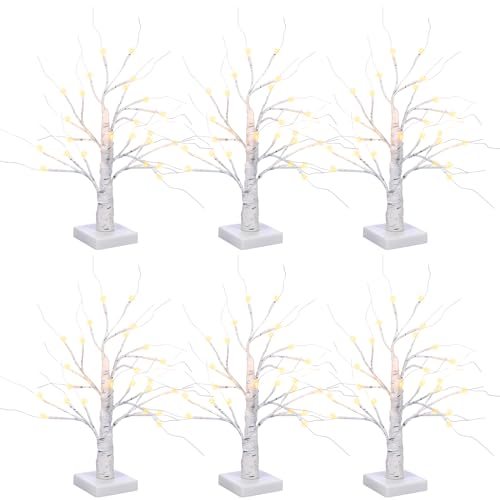 Macarrie 6 Pcs Birch Tree with LED Lights Christmas Wedding Decorations Tabletop Lighted White Mini Artificial Branches Battery Powered or USB Twinkling Table Centerpiece Indoor Gift (18 Inch)