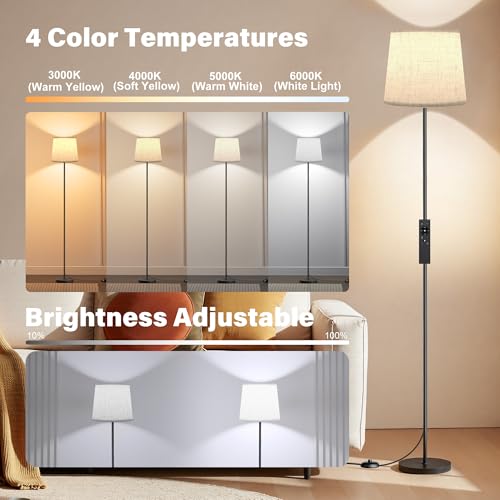 Floor Lamp with Linen Shade - 62" Dimmable LED Standing Lamp with Remote Control, 9W E26 Bulb Included, 3000-6000K, Modern Floor Reading Light for Bedroom Living Room Office Corner, Black