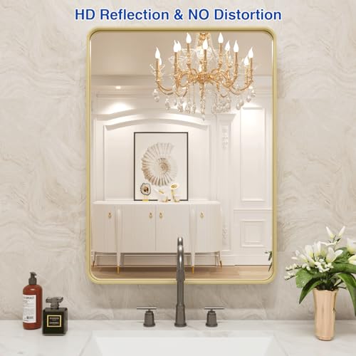 WEER Gold Bathroom Mirror, 22X30 Inch Brushed Gold Metal Frame Mirror, Rounded Rectangle Gold Bathroom Vanity Mirror for Wall, Tempered Glass, Anti-Rust, Hangs Horizontally or Vertically
