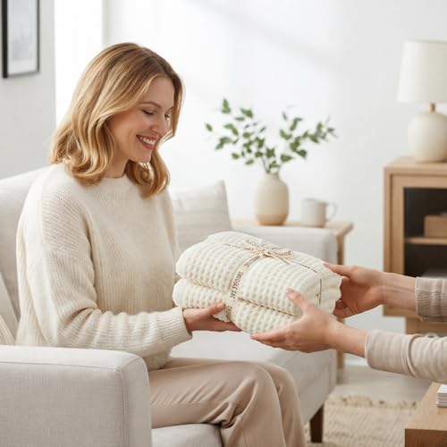Snuggle Sac Ultra Soft Waffle Throw Blanket for Couch Bed Sofa 50x60 inches, Reversible Cream Blanket Microfiber Fluffy Fuzzy Cozy Knit Throws for Women Mothers Birthday Gifts