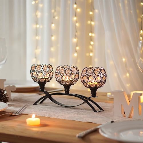 Crystal Tealight Candle Holder Centerpiece Home Decorative Candlestick Holder Elegant Table Centerpiece Home Decor Wedding Party Anniversary (Black, 3 Arm)