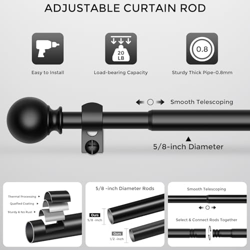 Curtain Rod for Windows 18-45 Inch, Black 5/8 Inch Small Window Treatment Rods, Short Adjustable Splicing Drapery pole, Matte Black