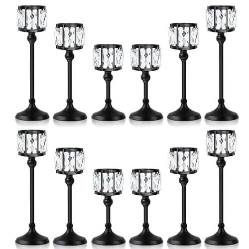 Set of 12 Cup Crystal Tealight Candle Holders, Centerpieces for Table Wedding Centerpieces Crystal Decorative Tealight Candle Dining Table Candle Holder Decor for Party (3 Sizes, Black)