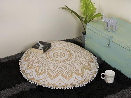 Popular Handicrafts Floor Pillow Cushion Cover - Hippie Mandala Large Round Ombre Pouf Sham - Meditation Seating Ottoman Bohemian with Pom Pom with Soft Particles- 18" Gold