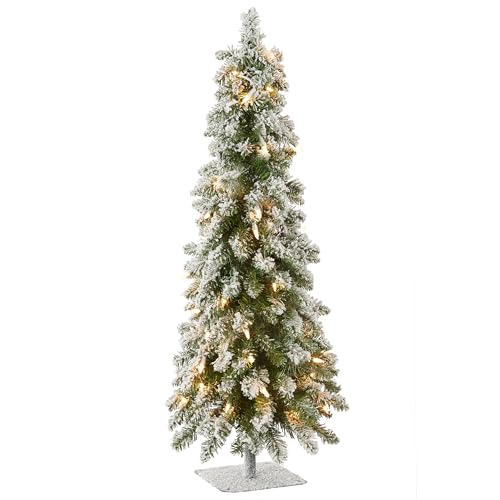 National Tree Company 3 ft Pre-Lit Flocked Downswept Forestree Mini Artificial Christmas Tree,50 Clear Lights, 198 Tips, Metal Plate Base, Green