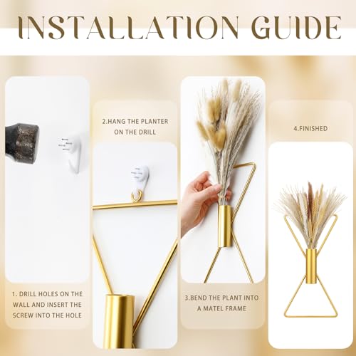 Peryiter 2 Pcs Boho Gold Wall Decor Metal Wall Art X Shaped Hanging Planters with Artificial Pampas Modern Home Gold Bathroom Decor for Bedroom Living Room