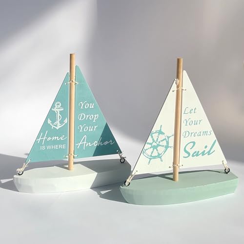 Huajie Handmade Wooden Sailboat Decor - 2 PCS Nautical Beach House Decoration, Vintage Handcrafted Model Sailboats for Home Office Bedroom Bathroom Shelves, Coastal Gifts