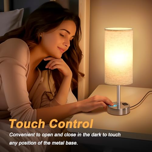 Dicoool Touch Table Lamp for Bedroom, 3 Way Dimmable Bedside Lamp with USB C & A Charging Ports - Small Desk Lamp for Dorm Room, College, Kids, Office, Living Room, White