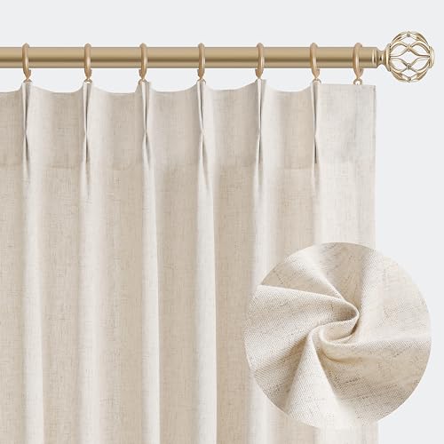 Aersas Linen Pinch Pleated Curtains 84 Inch Length 2 Panels Set for Living Room Cream Semi Sheer Window Curtain for Bedroom Boho Farmhouse Neutral Back Tab Drape Decor with Hooks, Natural Beige Ivory