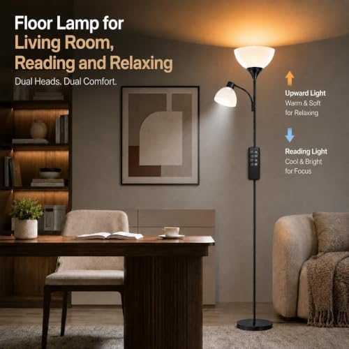 GERGO 2-in-1 Torchiere Floor Lamp, 11W+7W 2100LM Super Bright Dimmable LED Lamp with Remote & Touch Control, 3000K-6000K Adjustable Tall lamp for Living Room, Bedroom, (Matte Black)