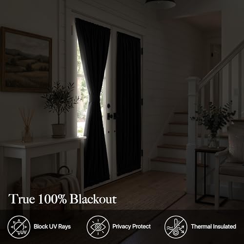 RYB HOME 100% Blackout French Door Curtain for Door Window with Dual Rod Pocket No Coating - Privacy Assured Thermal Insulated Room Darkening Drapes for Sidelight Window, W 26 x L 72, 1 Panel, Black