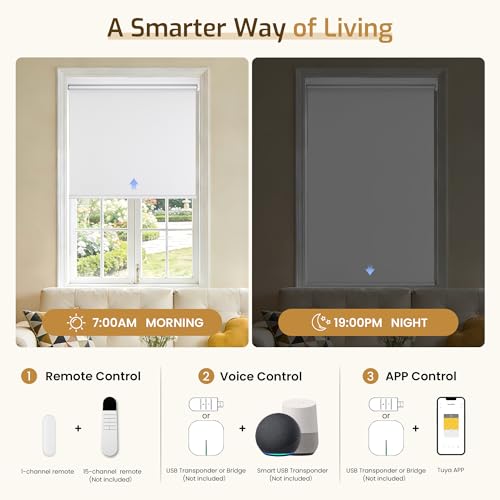 Grandekor Motorized Blinds with Remote Control, Blackout Roller Shade Electric Shades Cordless Smart Blinds for Bedroom Living Room Office,White,W34.5xH72