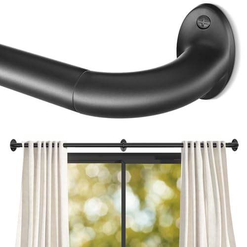 Wrap Around Black Curtain Rod for Windows 48-84 Inch, 1 Inch Heavy Duty Blackout Curtain Rod 34-95 Inches, Adjustable Curved Metal Drapery Rod, Matte Black