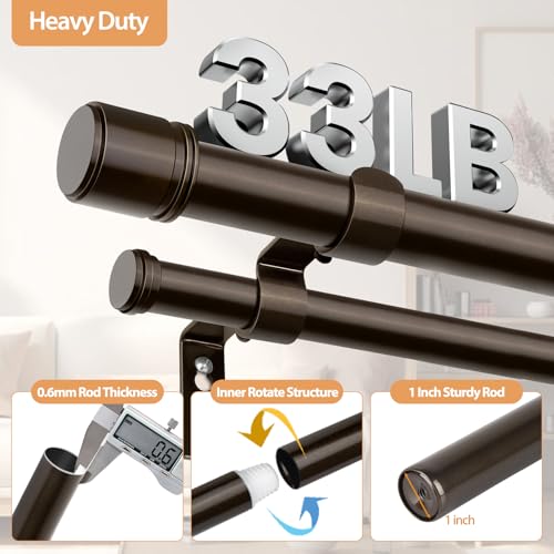 Double Curtain Rod 72 to 144 Inch, HOTOZON 1 Inch Heavy Duty Double Curtain Rods for Windows 60 to 140 Inches(5-11.6 ft), Telescoping Drapery Rod with Simple End Finials, Bronze