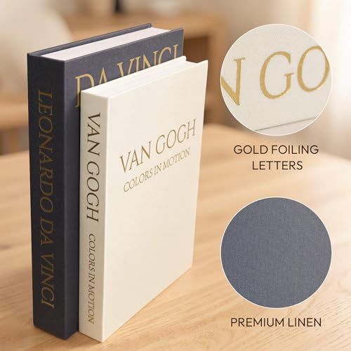 Decorative Storage Books Set of 2, Linen Cover, Gold Letters, Beige and Dark gray