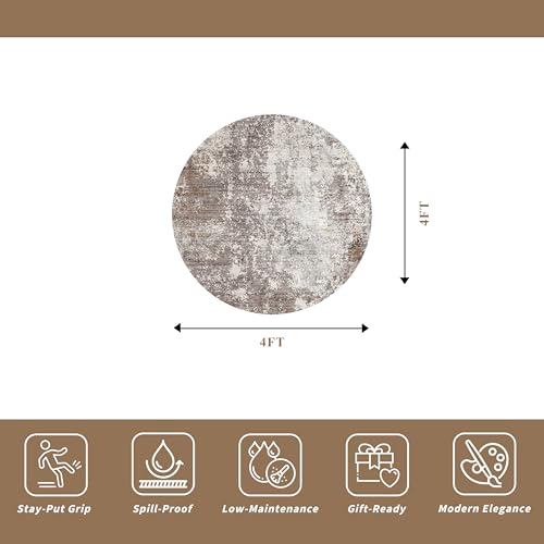 4ft Washable Kitchen Round Rug: Non-Slip Small Circle Rug for Bathroom,Living Room,Bedroom – Soft Modern Neutral Abstract Circular Carpet (Brown Beige,4x4)