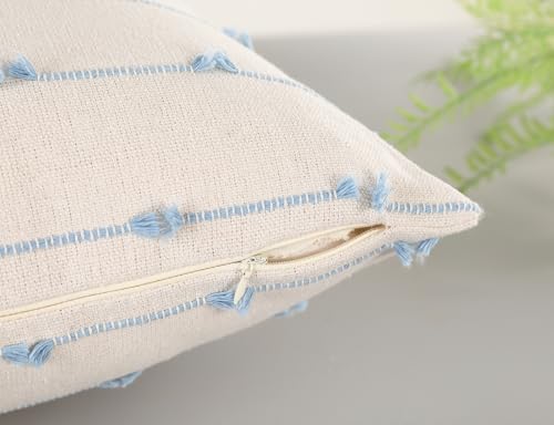 NUYECY Set of 2 Boho Throw Pillow Covers 18x18,Light Blue and White Neutral Couch Pillow Case with Tassel Fringe Decorative,Modern Accent Farmhouse Cushion Covers for Sofa Couch Bed Living Room