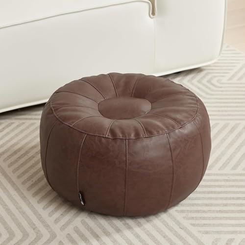 Louis Donné Unstuffed Pouf Stool Cover, Moroccan Vintage Faux Leather Ottoman Footrest Cover, Waterproof Storage Pouf for Clothes Organizing, Ideal for Camping Travel, Brown (Cover Only, No Filler)