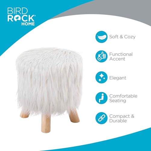 BIRDROCK HOME Small Faux Fur Foot Stool Ottoman – Upholstered Vanity Chair with Natural Wood Legs - Soft Compact Padded Seat or Accent Chair for Makeup Room, Living Room or Bedroom (White)