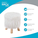 BIRDROCK HOME Small Faux Fur Foot Stool Ottoman – Upholstered Vanity Chair with Natural Wood Legs - Soft Compact Padded Seat or Accent Chair for Makeup Room, Living Room or Bedroom (White)