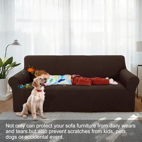 Stretch Couch Cover Washable Sofa Slipcover Furniture Protector with Non Skid Foam and Elastic Bottom for Kids, Dog(Large/Chocolate)