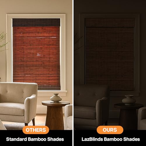LazBlinds Cordless Blackout Bamboo Roman Shades, Room Darkening Blinds for Interior Windows, Thermal Insulated Roll Up Bamboo Blinds for Home & Patio, 34" W x 64" H, Penang Teak