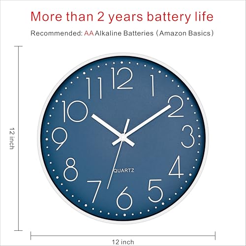 Foxtop Modern Wall Clock Silent Non Ticking Battery Operated Quartz Round Wall Clock Decor for Bedroom Kitchen Home Office School (12 Inch, Cerulean)