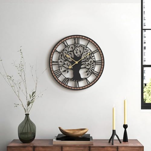 Micasso Wall Clocks Battery Operated: 15 Inch Farmhouse Tree of Life Metal with Wood Frame - Rustic Roman Numerals Clock for Living Room/Home Office/Bedroom/Kitchen - Home Decor for Sofa Accent Wall